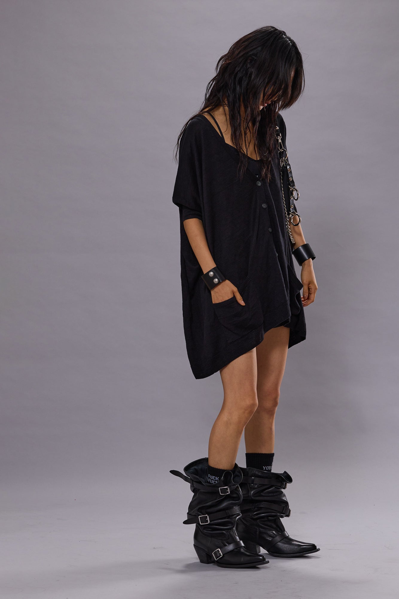 BOXY CARDIGAN DRESS - BLACK - R13