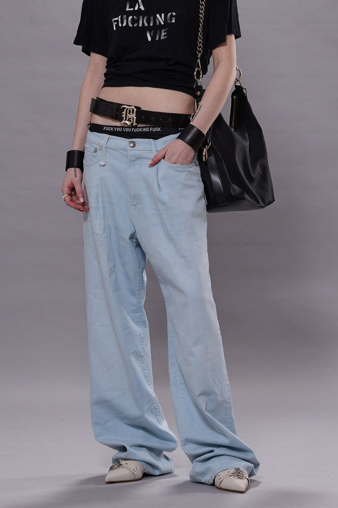 DAMON PLEATED WIDE LEG JEAN - FADED BLUE STRETCH